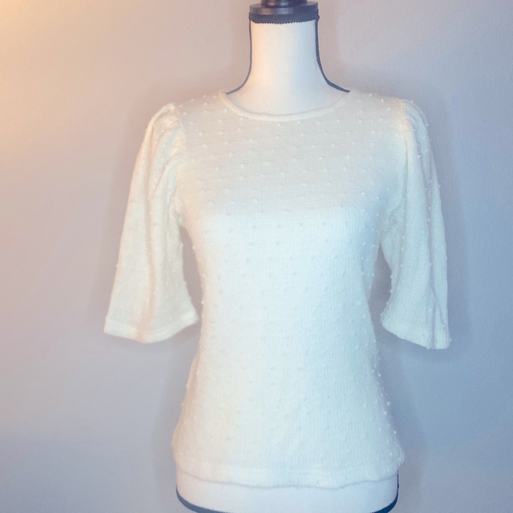 Ivory Raised Polka dot Sweater, Puff Sleeve